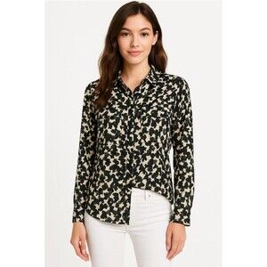 H&M Blouse Women Size XL Green Beige  Abstract Print Long Sleeve Button Shirt